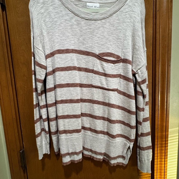 becool Sweaters - Women's Striped Crew Neck Sweater - Cream and Brown